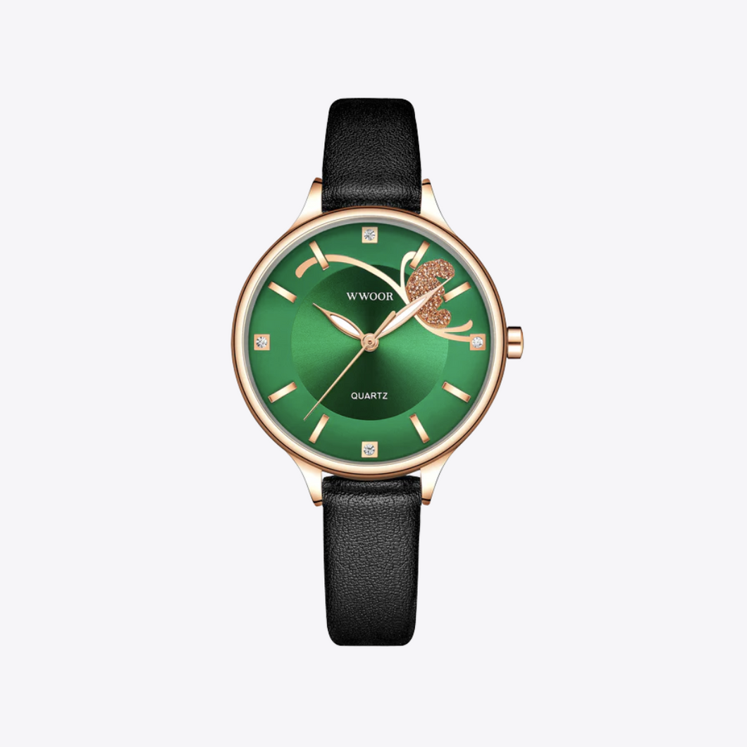 Green Dial Black Strap Leather Watch